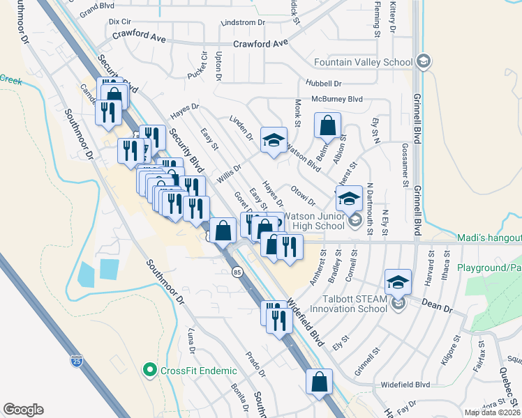 map of restaurants, bars, coffee shops, grocery stores, and more near 42 Easy Street in Colorado Springs