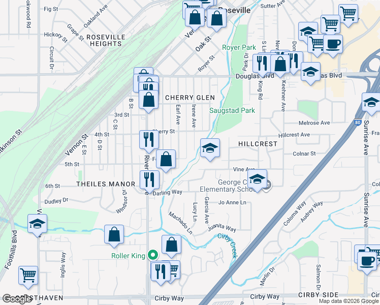 map of restaurants, bars, coffee shops, grocery stores, and more near 338 Irene Avenue in Roseville