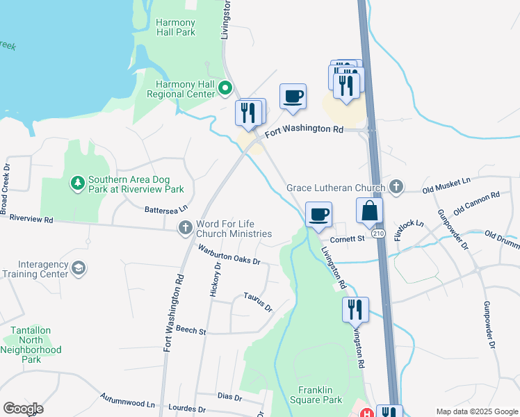 map of restaurants, bars, coffee shops, grocery stores, and more near 11316 Fort Washington Road in Fort Washington