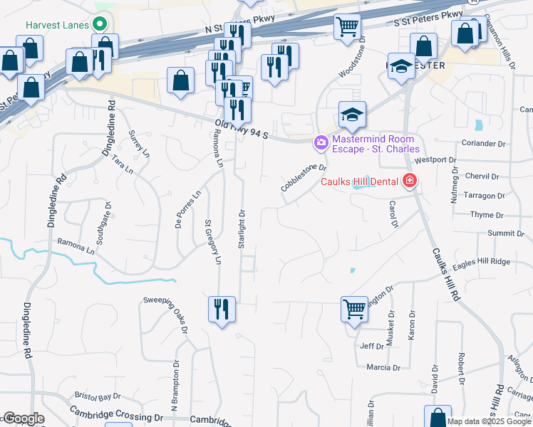 map of restaurants, bars, coffee shops, grocery stores, and more near 1318 Woodstone Drive in Saint Charles