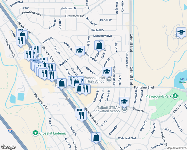 map of restaurants, bars, coffee shops, grocery stores, and more near 30 Otowi Drive in Colorado Springs