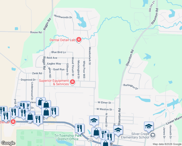 map of restaurants, bars, coffee shops, grocery stores, and more near 521 Meadowlark Street in Troy