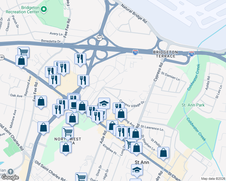 map of restaurants, bars, coffee shops, grocery stores, and more near 11360 Gardenview Lane in Saint Ann