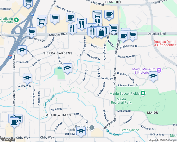 map of restaurants, bars, coffee shops, grocery stores, and more near 1604 Oak Tree Drive in Roseville