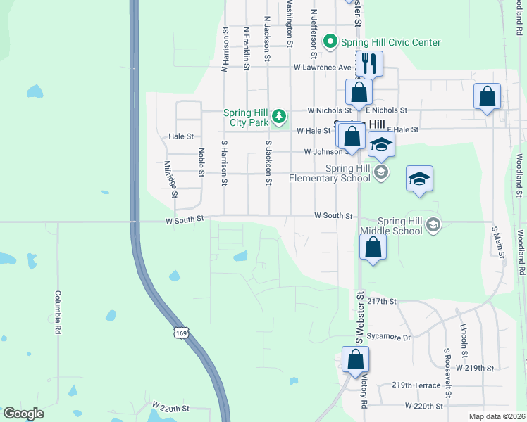 map of restaurants, bars, coffee shops, grocery stores, and more near 509 South Jackson Street in Spring Hill