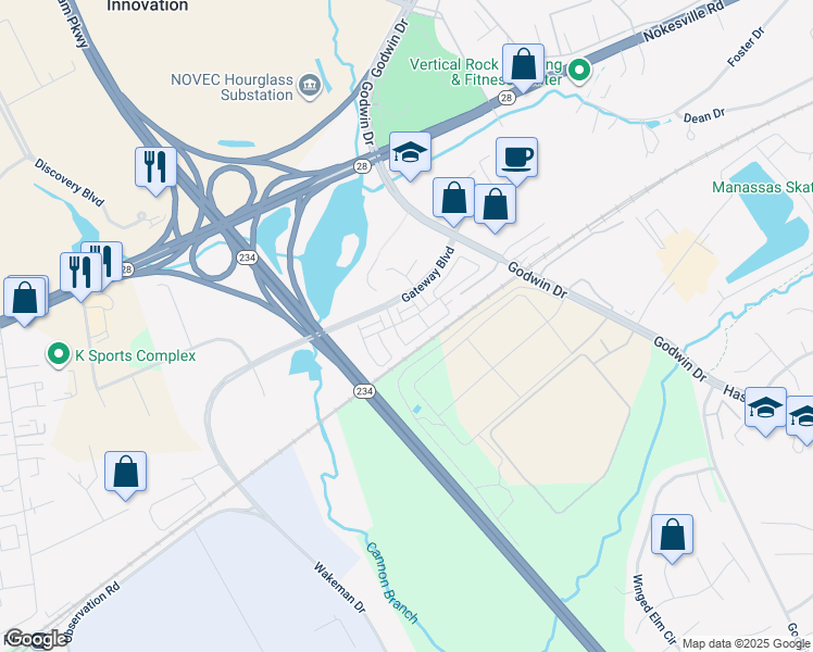 map of restaurants, bars, coffee shops, grocery stores, and more near Ratcliffe Trail in Manassas