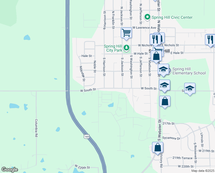 map of restaurants, bars, coffee shops, grocery stores, and more near 510 S Harrison St in Spring Hill