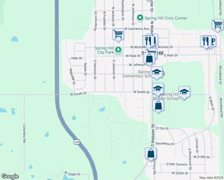map of restaurants, bars, coffee shops, grocery stores, and more near 509 South Jackson Street in Spring Hill