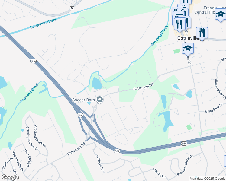 map of restaurants, bars, coffee shops, grocery stores, and more near 5319 Gutermuth Road in Saint Charles