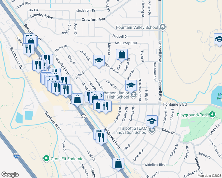 map of restaurants, bars, coffee shops, grocery stores, and more near 30 Otowi Drive in Colorado Springs