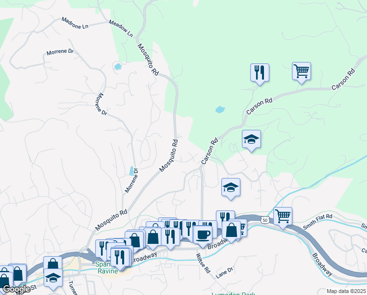 map of restaurants, bars, coffee shops, grocery stores, and more near 2711 Mosquito Road in Placerville