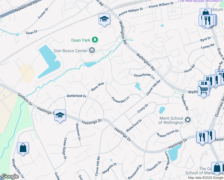 map of restaurants, bars, coffee shops, grocery stores, and more near 10200 Bens Way in Manassas