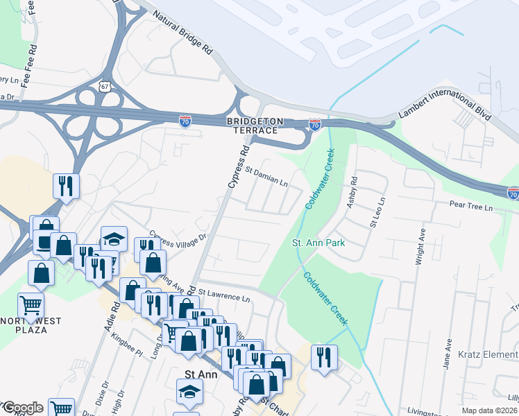 map of restaurants, bars, coffee shops, grocery stores, and more near 11239 Saint Clement Lane in Saint Ann