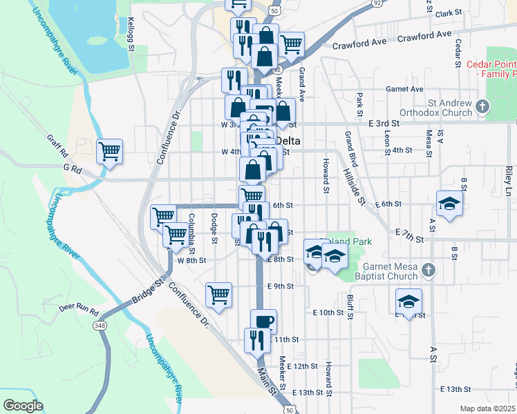 map of restaurants, bars, coffee shops, grocery stores, and more near 62 Colorado 348 in Delta