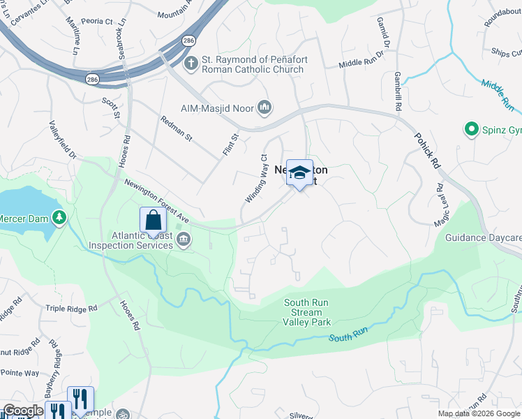 map of restaurants, bars, coffee shops, grocery stores, and more near 8647 Wind Song Ct in Springfield