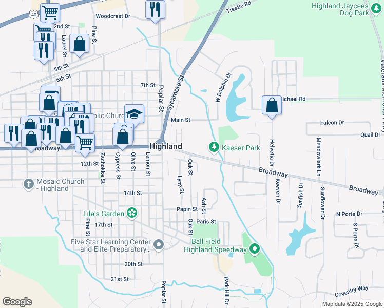 map of restaurants, bars, coffee shops, grocery stores, and more near 1729 Broadway in Highland