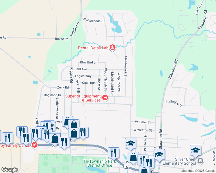map of restaurants, bars, coffee shops, grocery stores, and more near 521 Wood Thrush Street in Troy