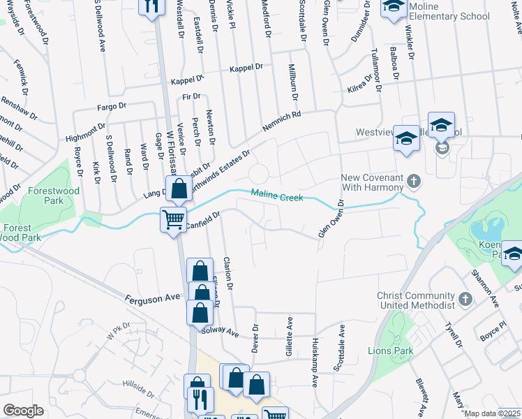 map of restaurants, bars, coffee shops, grocery stores, and more near 9433 Copper Creek Court in St. Louis