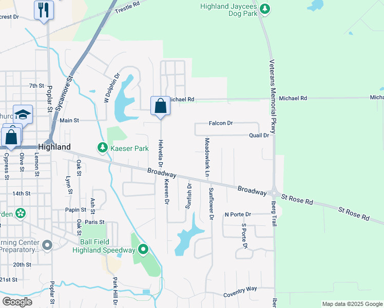 map of restaurants, bars, coffee shops, grocery stores, and more near 5 Meadowlark Court in Highland