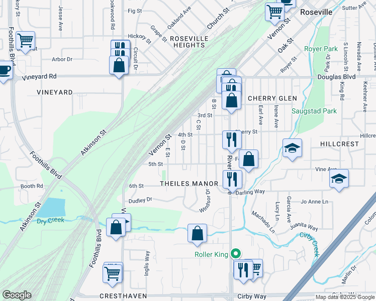 map of restaurants, bars, coffee shops, grocery stores, and more near 221 D Street in Roseville