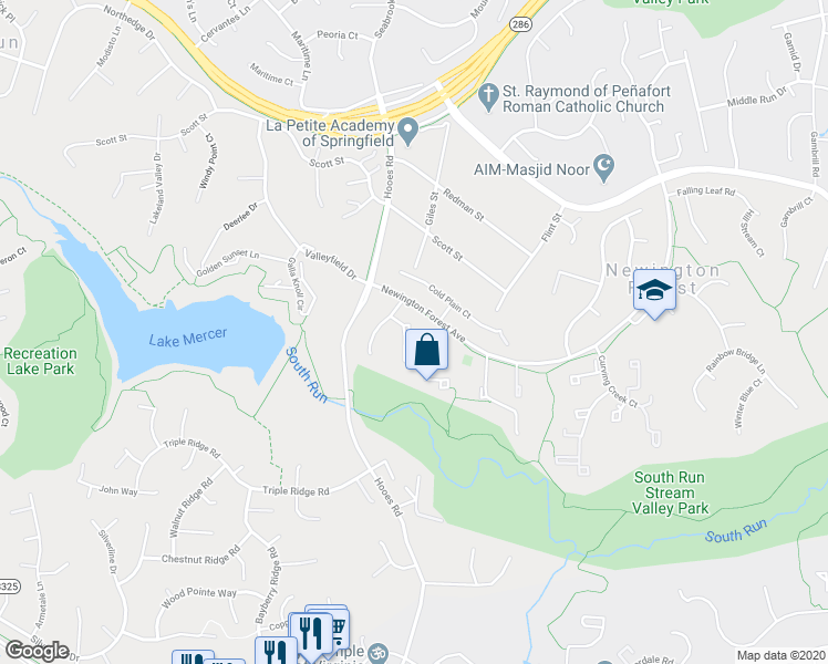 map of restaurants, bars, coffee shops, grocery stores, and more near 8025 Steeple Chase Court in Springfield