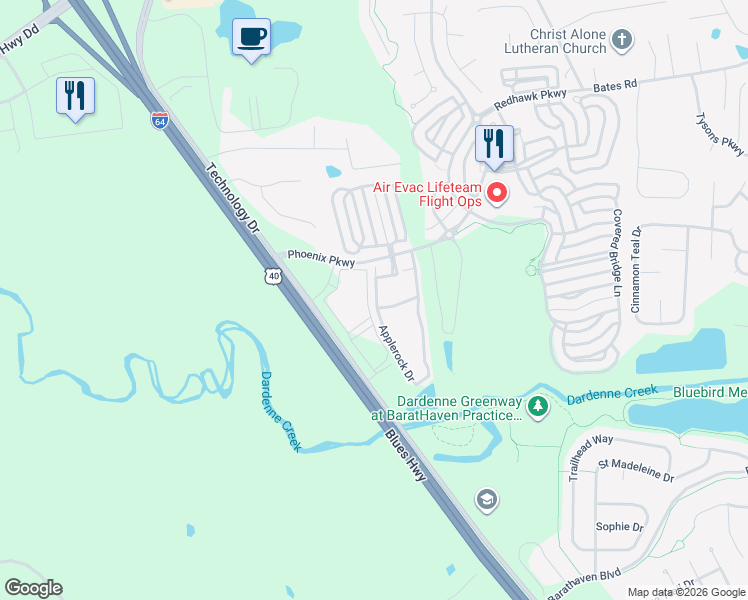 map of restaurants, bars, coffee shops, grocery stores, and more near 1000 Applerock Drive in O'Fallon