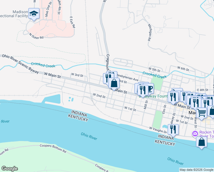 map of restaurants, bars, coffee shops, grocery stores, and more near 910 Ohio River Scenic Byway in Madison