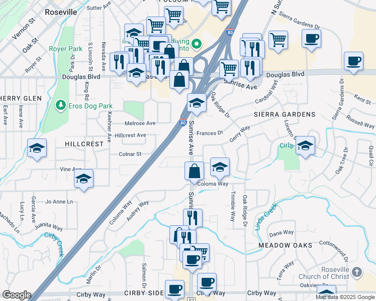 map of restaurants, bars, coffee shops, grocery stores, and more near 411 Sunrise Avenue in Roseville
