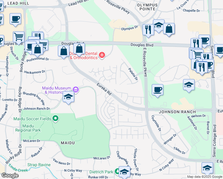 map of restaurants, bars, coffee shops, grocery stores, and more near 2173 Charter Court in Roseville