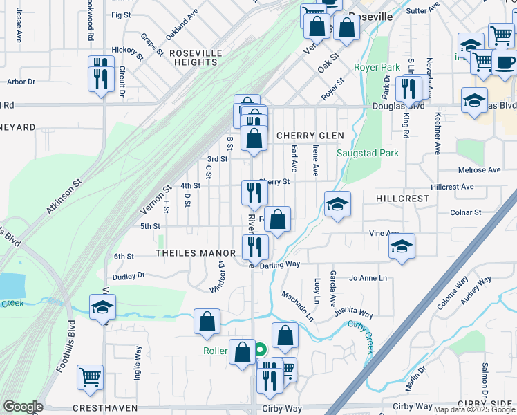 map of restaurants, bars, coffee shops, grocery stores, and more near 425 Riverside Avenue in Roseville