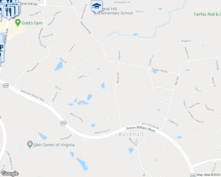 map of restaurants, bars, coffee shops, grocery stores, and more near 9990 Moore Drive in Manassas