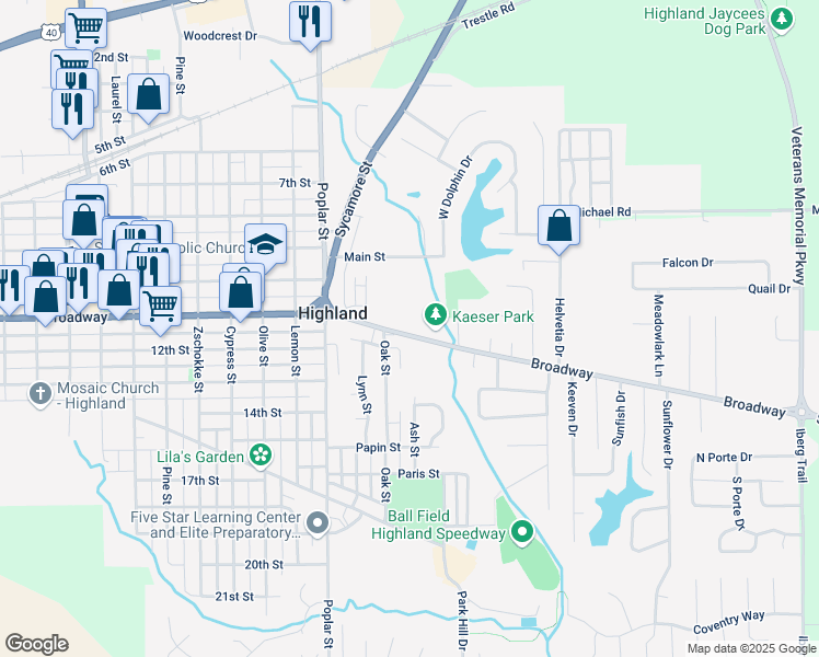 map of restaurants, bars, coffee shops, grocery stores, and more near 1729 Broadway in Highland