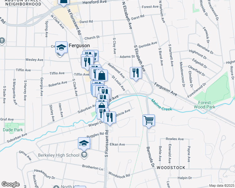 map of restaurants, bars, coffee shops, grocery stores, and more near 121 Paul Avenue in Ferguson