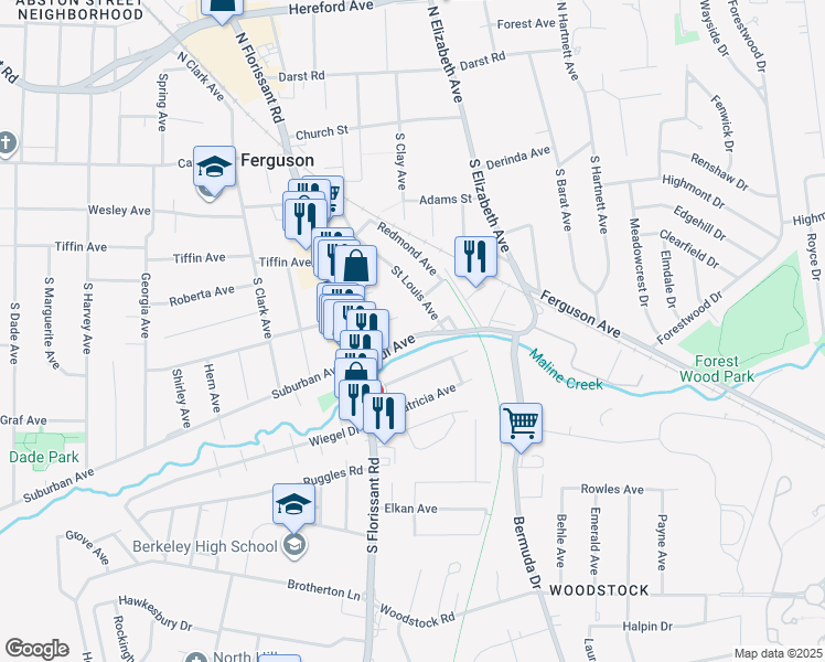 map of restaurants, bars, coffee shops, grocery stores, and more near 121 Paul Avenue in Ferguson