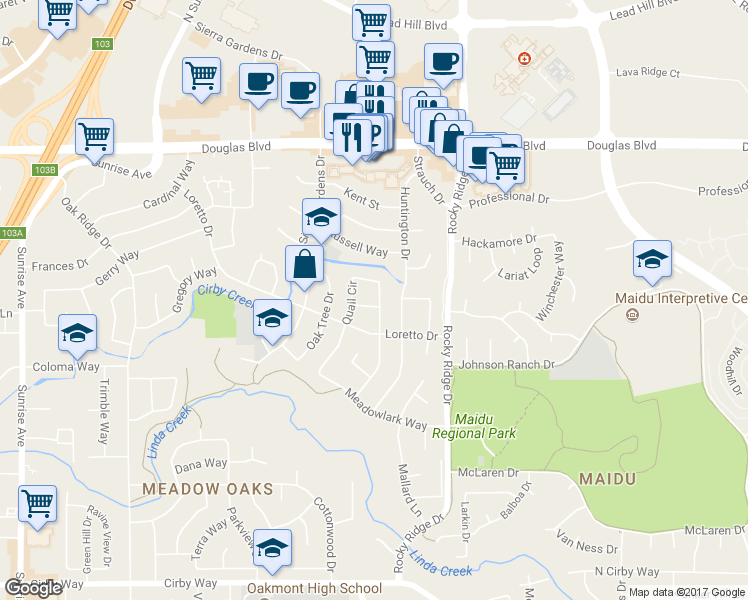 map of restaurants, bars, coffee shops, grocery stores, and more near 1727 Quail Circle in Roseville