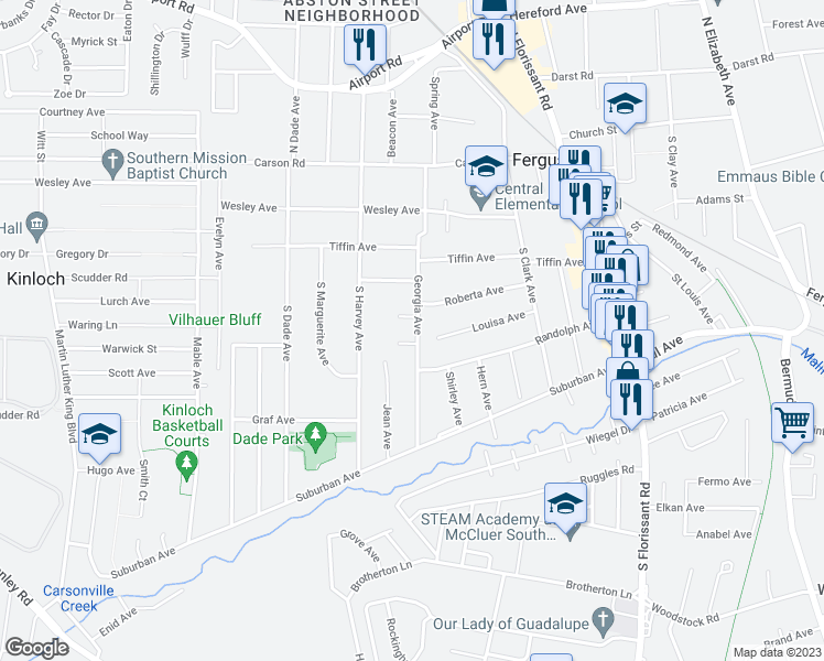 map of restaurants, bars, coffee shops, grocery stores, and more near 251 Georgia Avenue in Ferguson