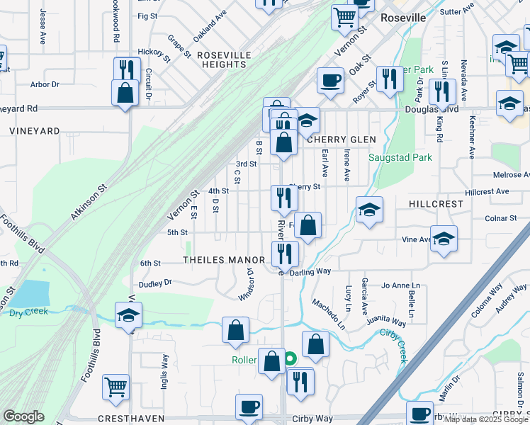 map of restaurants, bars, coffee shops, grocery stores, and more near 329 B Street in Roseville