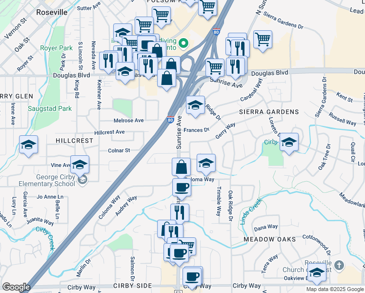 map of restaurants, bars, coffee shops, grocery stores, and more near 411 Sunrise Avenue in Roseville