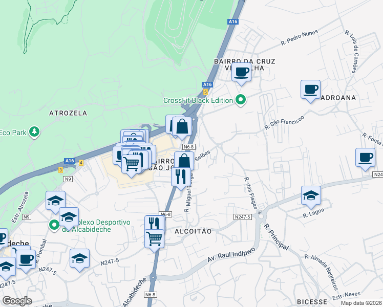 map of restaurants, bars, coffee shops, grocery stores, and more near Estrada Nacional 6-8 in Cascais