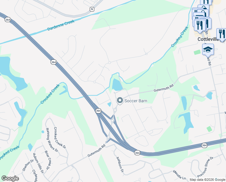 map of restaurants, bars, coffee shops, grocery stores, and more near 5335 Gutermuth Road in Saint Charles