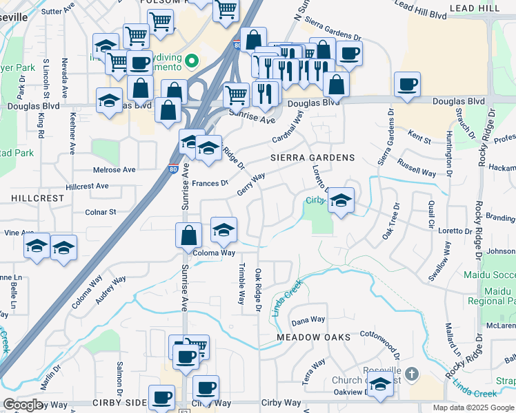 map of restaurants, bars, coffee shops, grocery stores, and more near 604 Oak Ridge Dr in Roseville