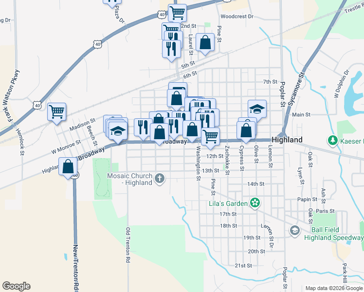 map of restaurants, bars, coffee shops, grocery stores, and more near 822 Broadway in Highland