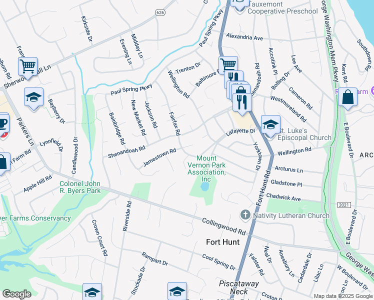 map of restaurants, bars, coffee shops, grocery stores, and more near 8017 Fairfax Road in Alexandria
