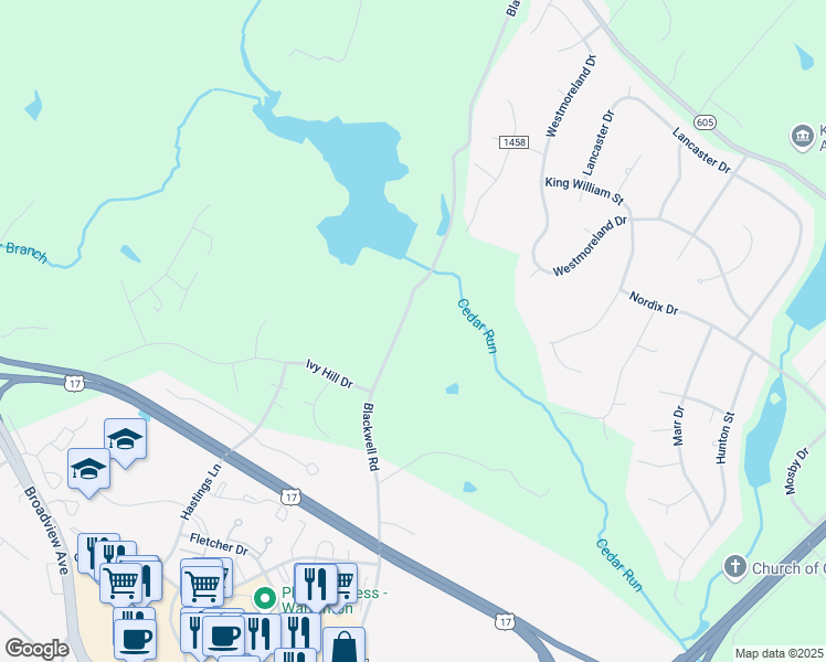 map of restaurants, bars, coffee shops, grocery stores, and more near 7219 Blackwell Road in Warrenton