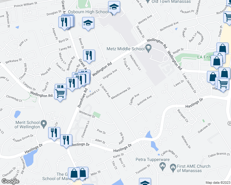 map of restaurants, bars, coffee shops, grocery stores, and more near 8996 Meadowview Drive in Manassas