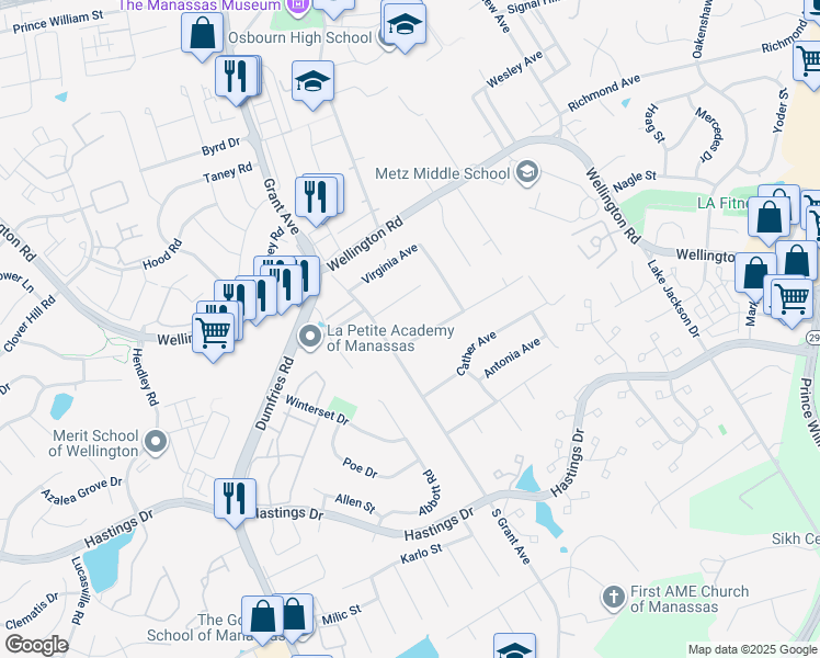 map of restaurants, bars, coffee shops, grocery stores, and more near 8996 Meadowview Drive in Manassas
