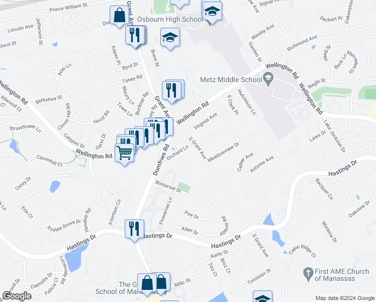 map of restaurants, bars, coffee shops, grocery stores, and more near 8893 Orchard Lane in Manassas
