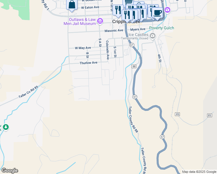 map of restaurants, bars, coffee shops, grocery stores, and more near in Cripple Creek