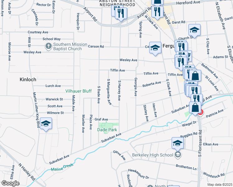 map of restaurants, bars, coffee shops, grocery stores, and more near 253 South Harvey Avenue in Ferguson