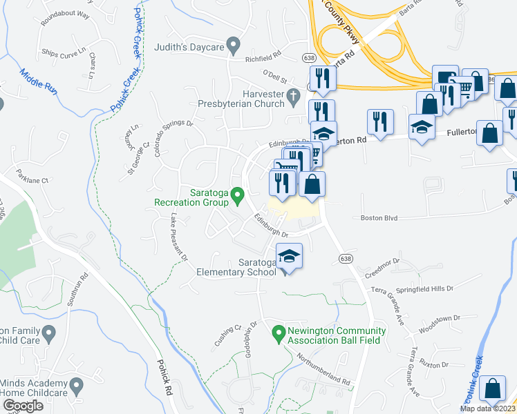 map of restaurants, bars, coffee shops, grocery stores, and more near 8060 Felecity Court in Springfield